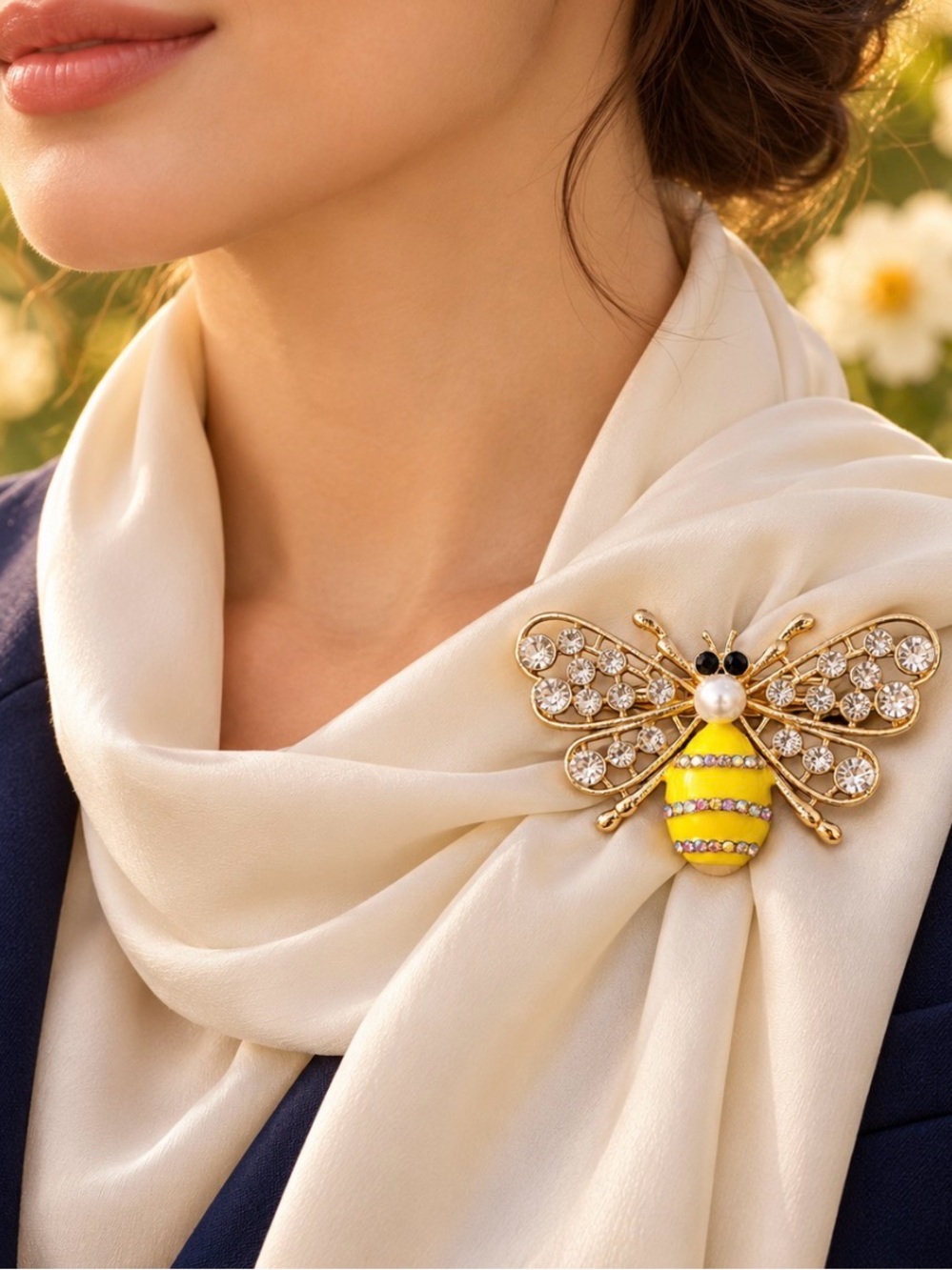 Elegant Gold-Tone Yellow Bee Brooch with Crystals